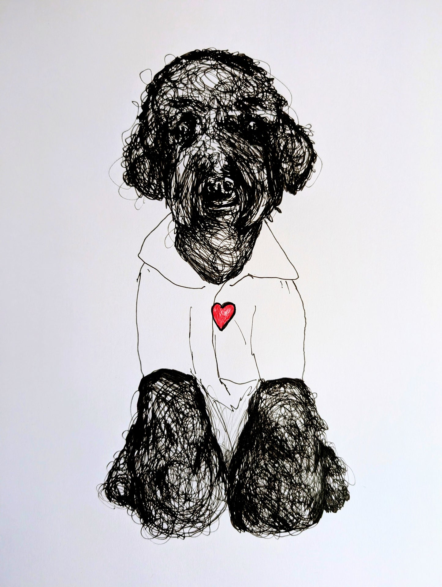 Long Haired Dog Sitting With Jumper Pink Heart Pen Drawing Illustration Sketch Art Portrait Unframed A4 Size