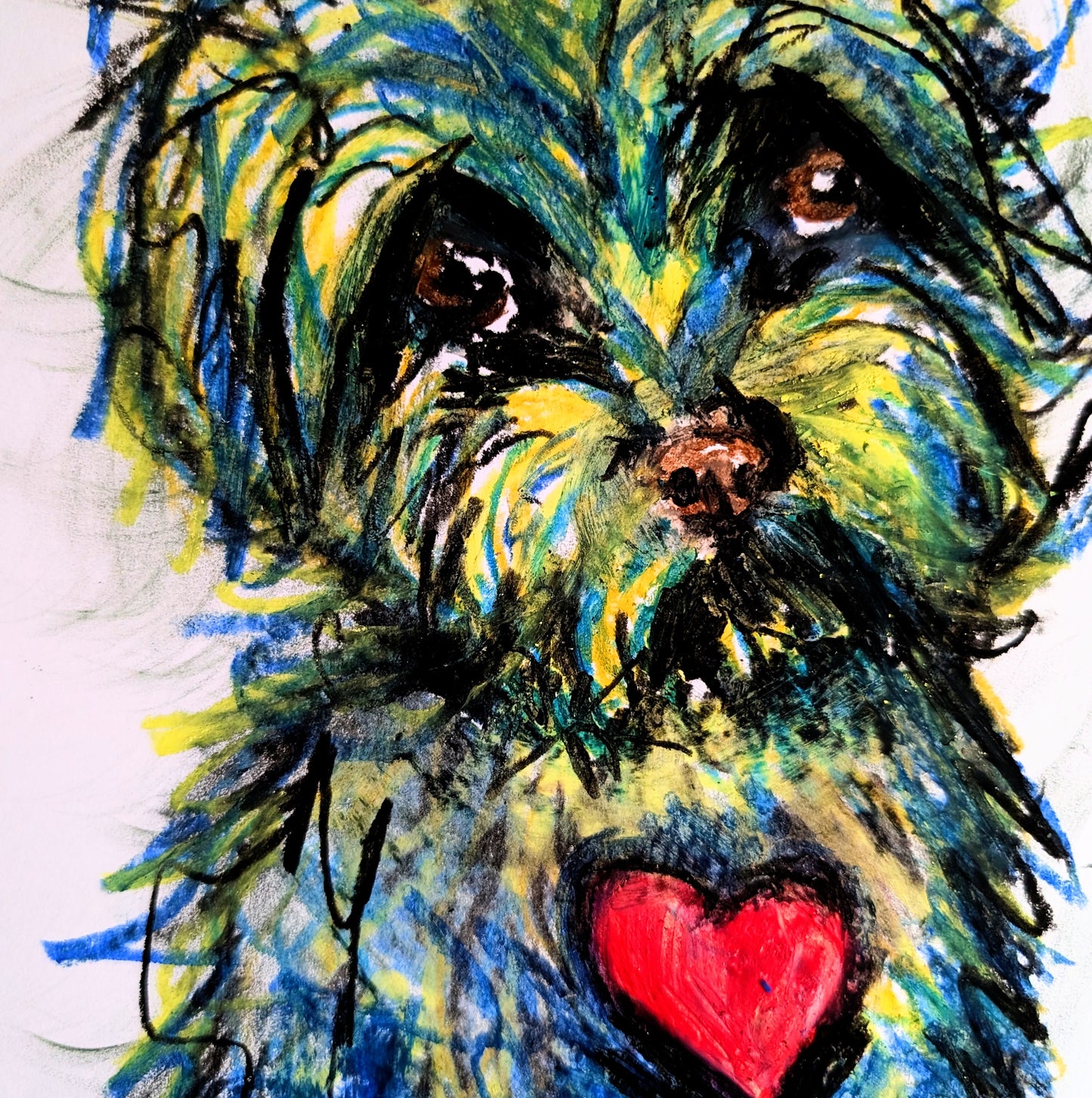 Cheeky Fluffy Puppy Dog Up To Mischief With Red Heart Oil Pastel Drawing Illustration Sketch Art Portrait Unframed A4 Size