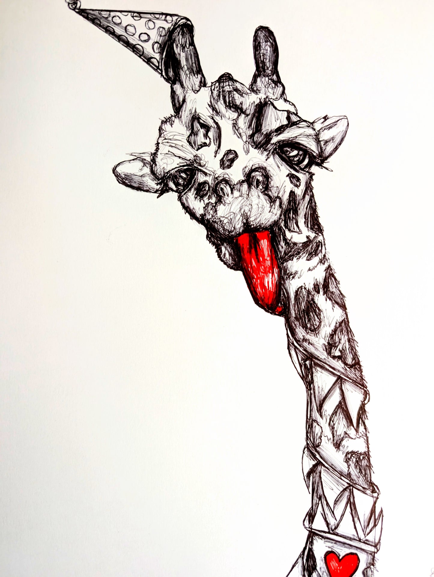 Party Giraffe With Red Tongue Party Hat Pen Illustration Drawing Sketch Art Unframed A4 Size