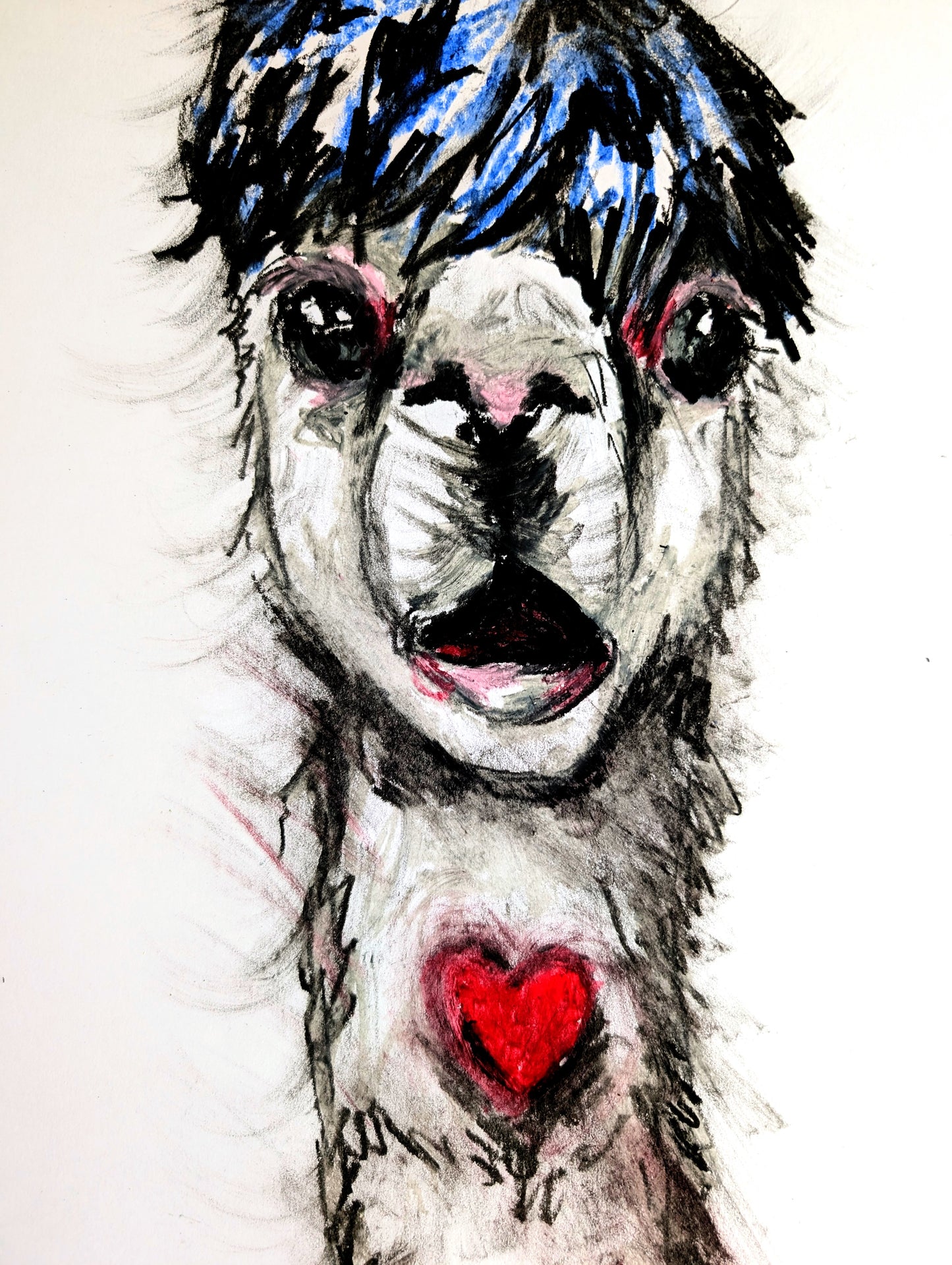 Shocked Llama With Blue Hair Red Heart Oil Pastel Drawing Illustration Sketch Art Portrait Unframed A4 Size