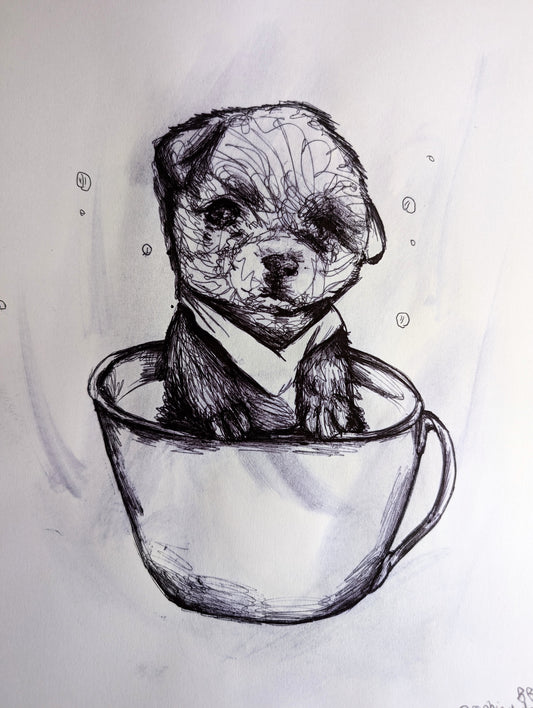 Puppy In A Cup With Bandana Bubbles Pen Drawing Illustration Sketch Art Portrait Unframed A4 Size