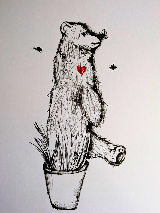 Bear With Red Heart Plant Pot Butterfly Silhouettes Pen Illustration Drawing Sketch Art Portrait Unframed A4 Size
