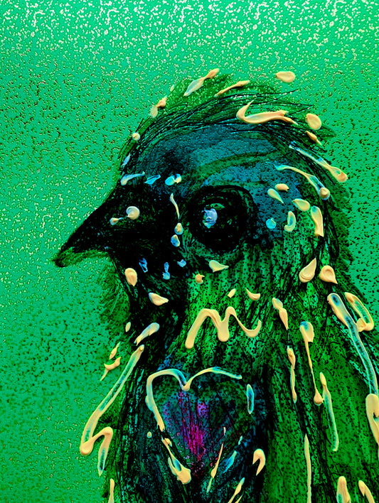 Calm Bird Drawing 3D Paint Effect Green Card With Pink Heart A4 Unframed Art Sketch Illustration - Unorthodox Zoo